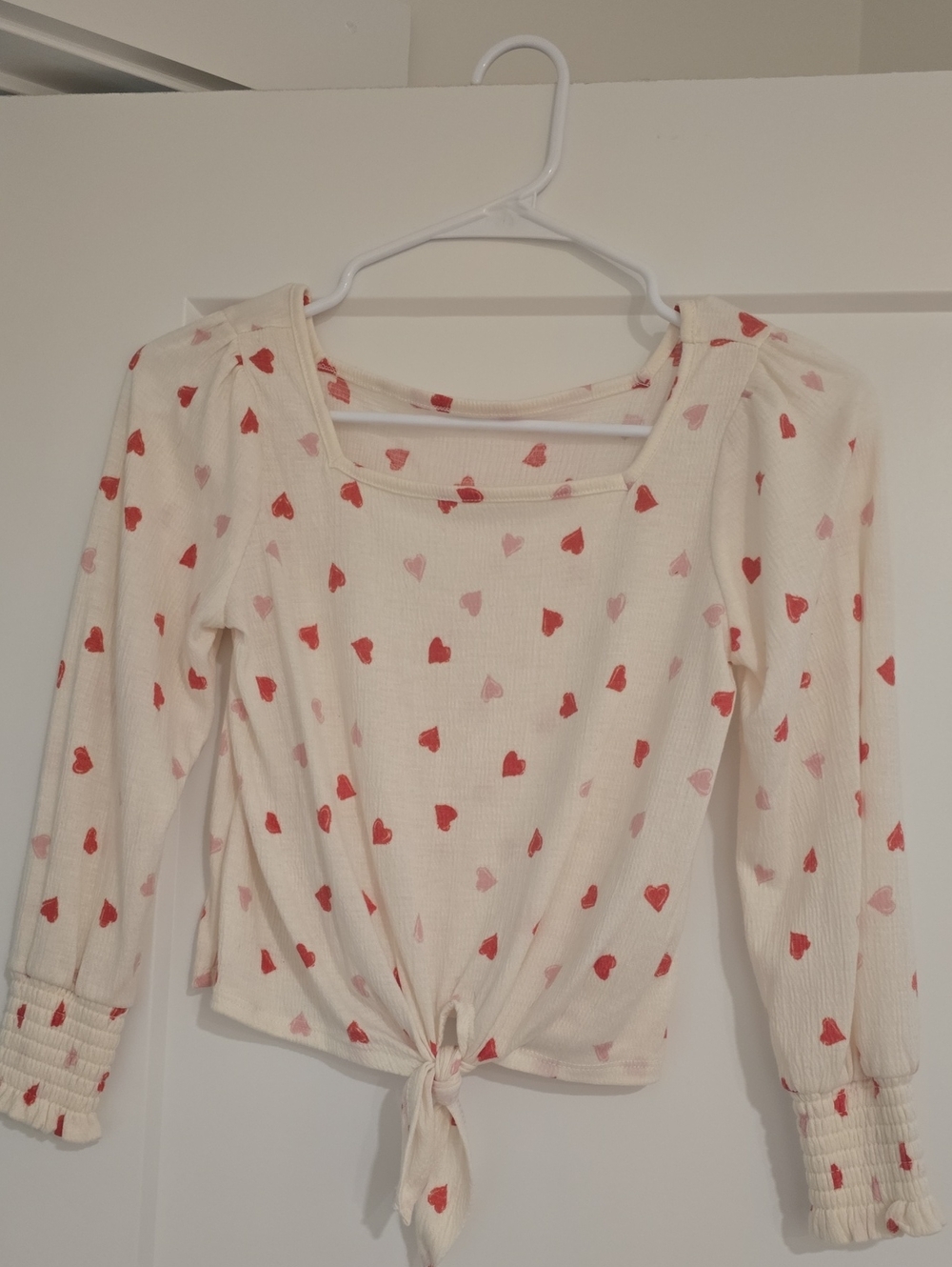 SHEIN Cream Long Sleeve Tie-Front Top with Red & Pink Hearts
